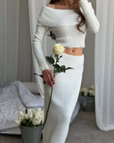 slim skirt women's pure desire style long-sleeved knitted elegant vacation style one-word shoulder open button skirt set