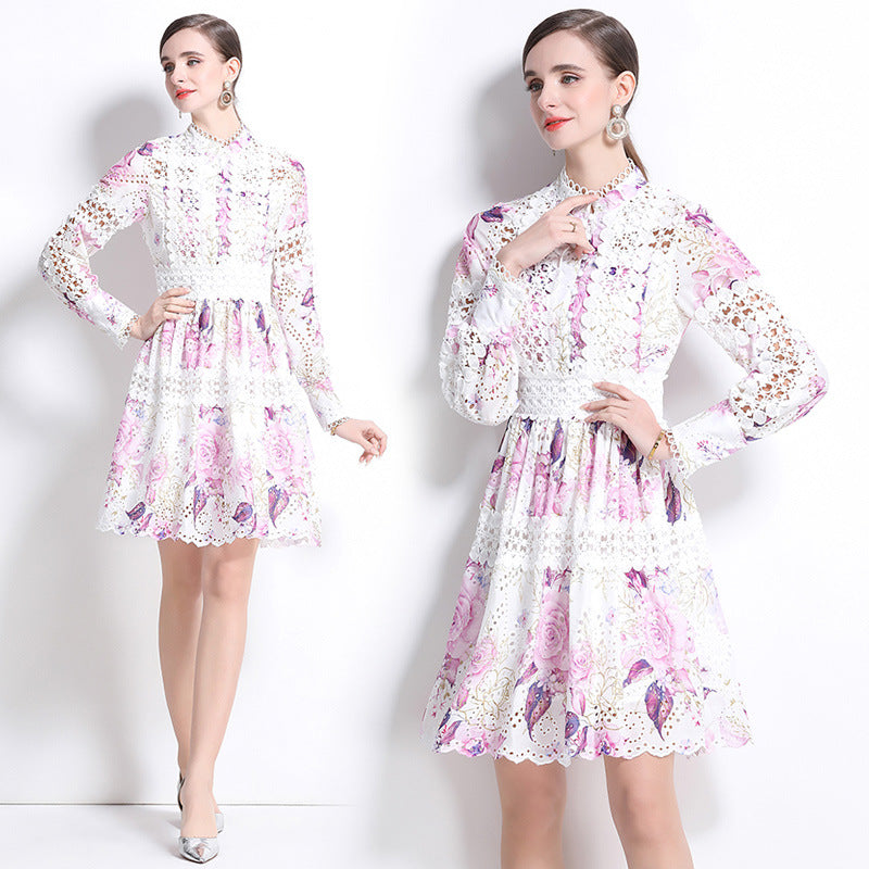celebrity elegant hollow crochet embroidery splicing waist printing dress women's  fashion A-shaped skirt