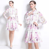 celebrity elegant hollow crochet embroidery splicing waist printing dress women's  fashion A-shaped skirt