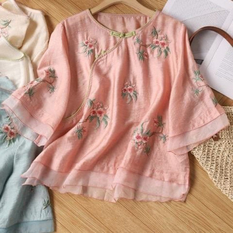 Literary retro embroidered cotton and linen shirt  summer new loose large size casual zen tea clothes shirt top
