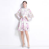 celebrity elegant hollow crochet embroidery splicing waist printing dress women's  fashion A-shaped skirt