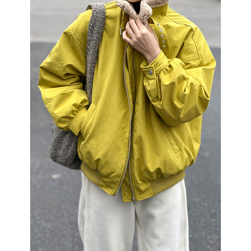 2025 popular autumn and winter new Korean version splicing lamb wool lapel thickened warm white duck down cotton clothes 820-2