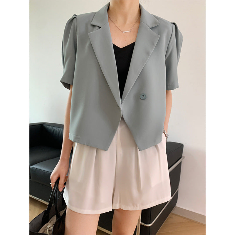 2025 summer short-sleeved suit retro pure bubble sleeve women's single-grain buckle loose Korean casual suit jacket 2140
