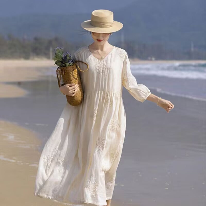 Shi Jian literary women's clothing fairy skirt heavy industry embroidery ramie high-end  long dress elegant skirt dress