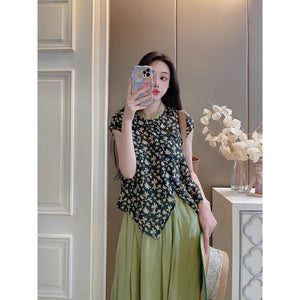 Cotton and linen new Chinese-style diagonal placket-button sleeveless shirt, national style printing retro literary temperament top women