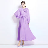 celebrity temperament dress women's high-end sense unique design flower slim and thin pleated long dress