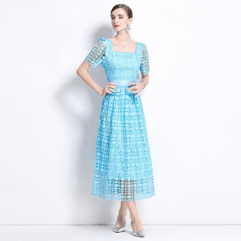 Summer  Retro Premium Sense Water Soluble Lace Sexy Square Neck Bubble Sleeve Waist Dress Slim Fit Long Dress