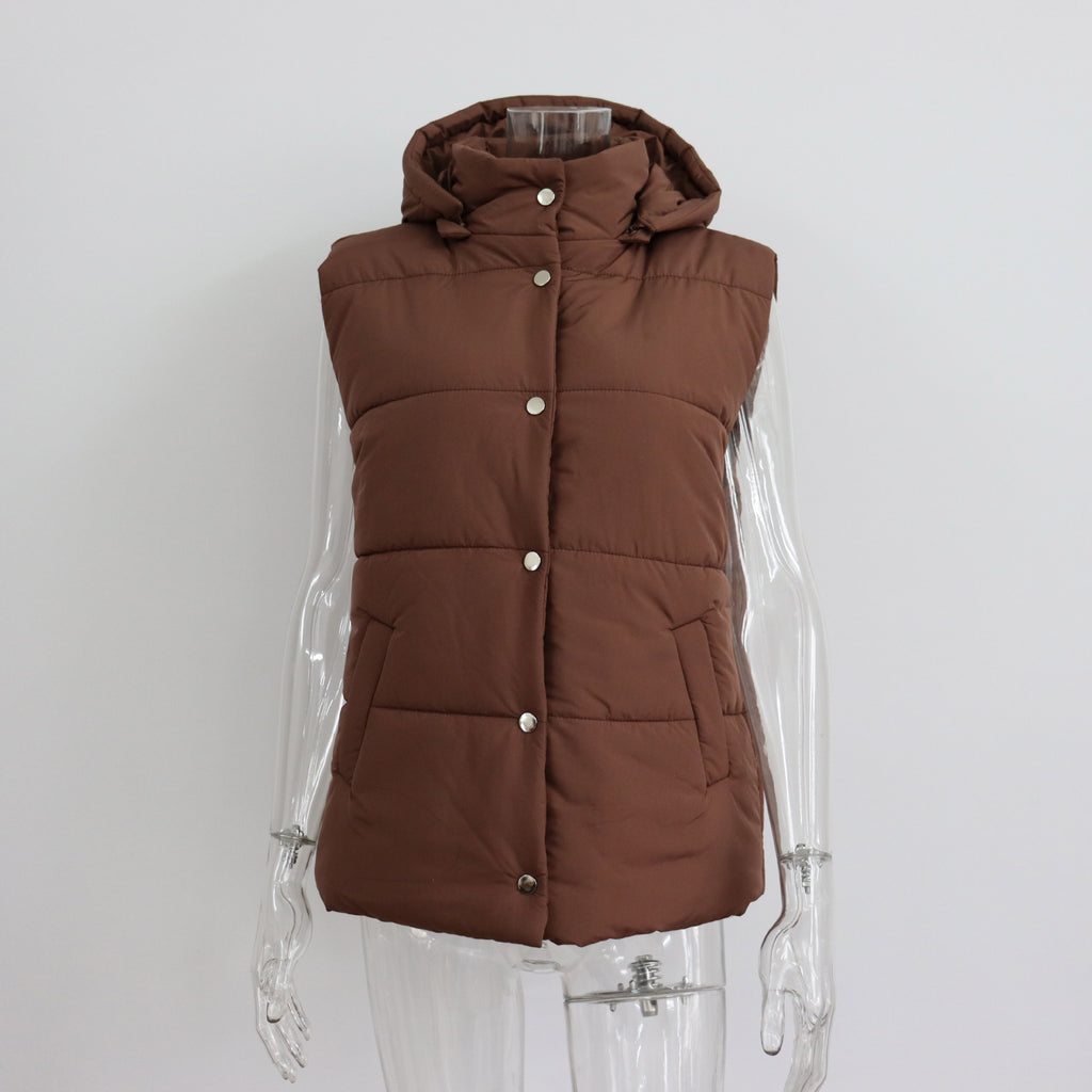 GOOSUDU 2025 sleeveless breasted bread cotton clothes cardigan New autumn and winter new solid color removable hooded cotton clothes vest women