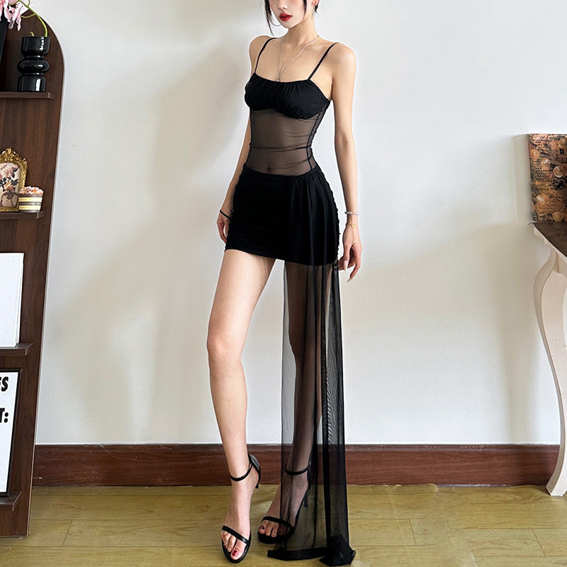 2025 style 2025 spring new women's clothing pleated chest-wrapped mesh yarn perspective slim-fitting hip-wrapped personalized dress