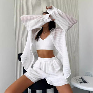 GOOSUDU Hot trade women's clothing set 2025 style New summer temperament casual texture long sleeve vertical pattern shirt shorts set