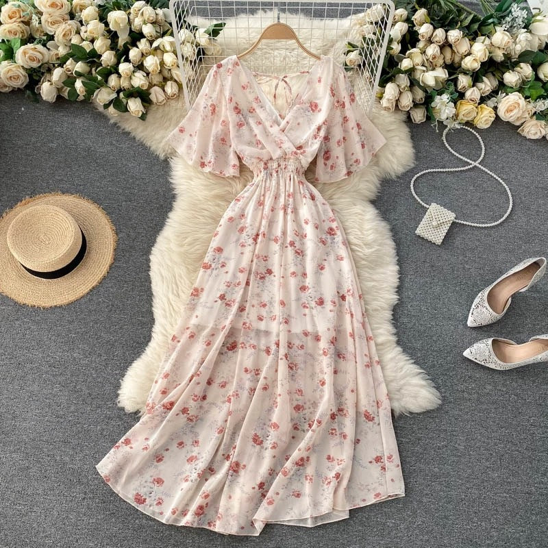 Seaside Holiday Dress Summer 2025 New Sexy V-neck Tight Waist Slimming Long Chiffon Floral Beach Dress
