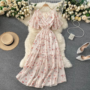 Seaside Holiday Dress Summer 2025 New Sexy V-neck Tight Waist Slimming Long Chiffon Floral Beach Dress