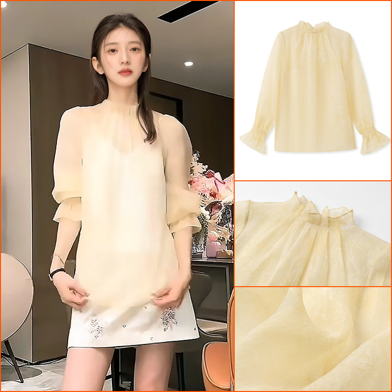 2025 New Chinese Style Crew Neck Solid Color Button Shirt Loose Mulberry Silk Niche Premium Top N2021