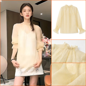 2025 New Chinese Style Crew Neck Solid Color Button Shirt Loose Mulberry Silk Niche Premium Top N2021