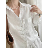 retro sunscreen linen white long shirt two-piece set  summer new solid color simple set