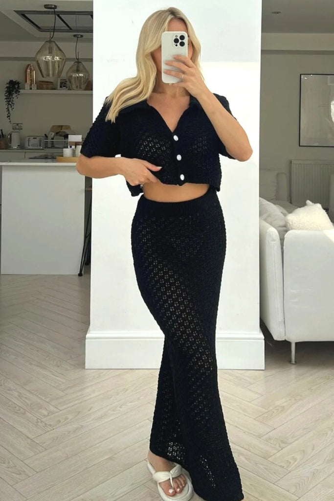 GOOSUDU 2025 Knitted crochet suit skirt multi-color cardigan button-up skirt versatile suit