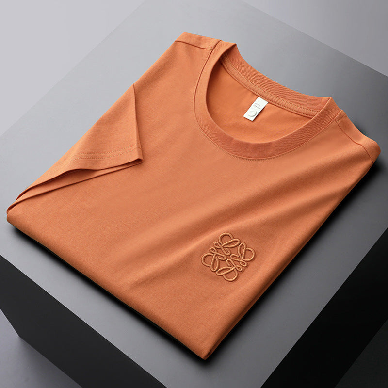 GOOSUDU Heavy European Goods Mercerized Cotton Short Sleeve T-shirt Men's Slim Fit Fashion High-End Embroidery round Neck Half Sleeve Boy's Undershirt Fashion