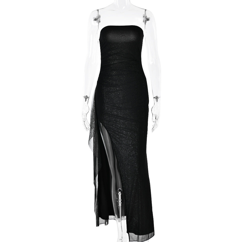 2025 popular autumn new product fashionable and elegant solid color tube top, backless slim fit, high split fork fine flash hip dress