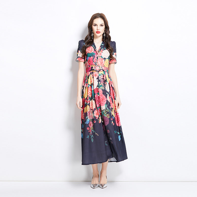 summer new  fashion suit collar short sleeve waist single-breasted printed dress women's  dress