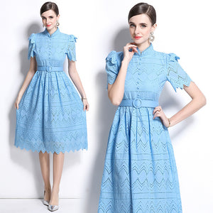 retro niche stand-up collar ruffle edge splicing waist hollow embroidery short-sleeved dress women's summer