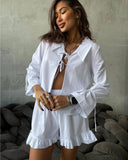 spring and summer new women's clothing solid color lapel long-sleeved lace-up wooden ear edge short women's pants comfortable and casual suit