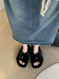 2025  popular autumn and winter new fluffy thick-soled slippers triangular metal buckle crossed flat-bottomed plush slippers open-toed one-word drag