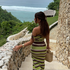 Two-piece set  new spring brown striped knitted suspender skirt bohemian vacation off-the-shoulder striped top