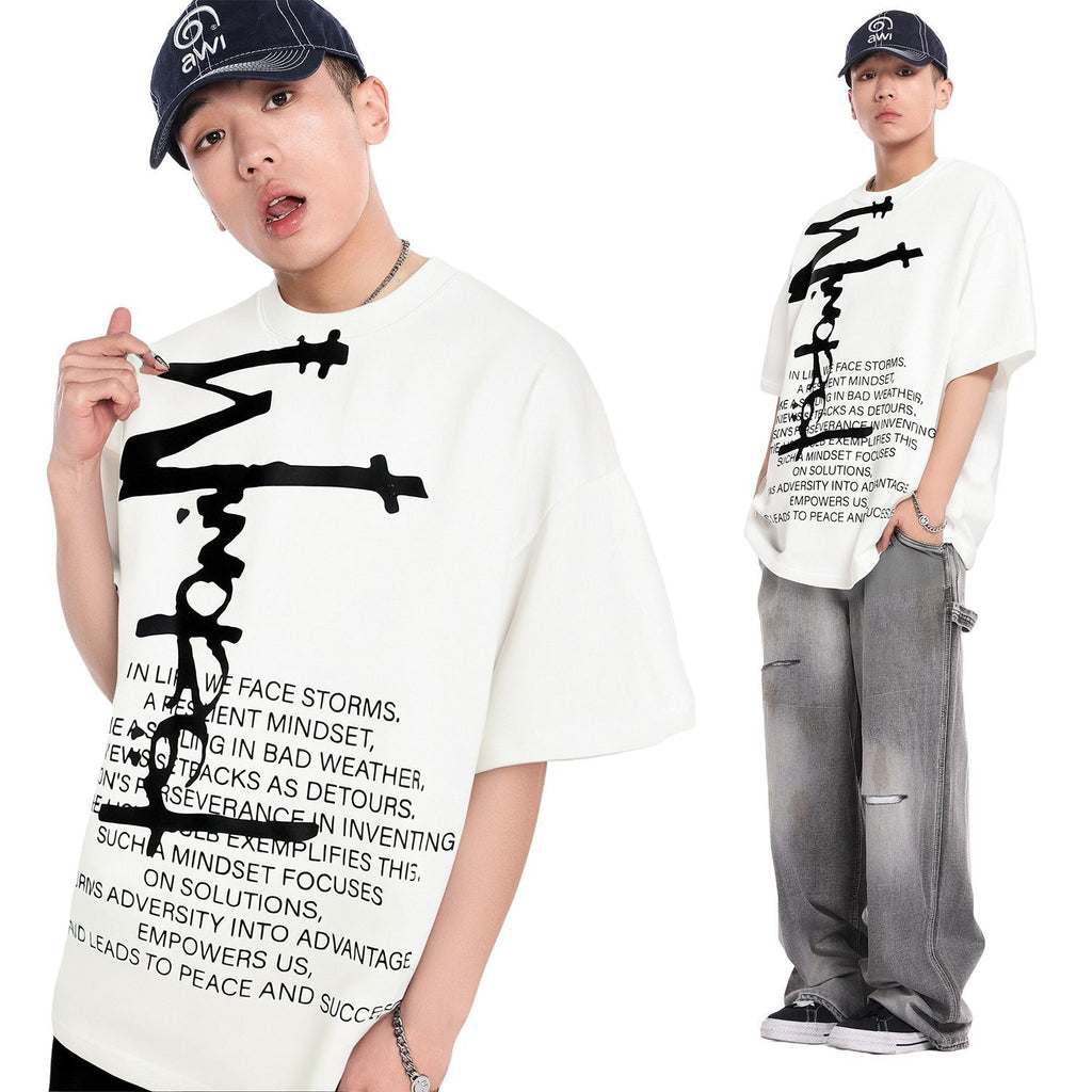 2025 GT105 2025n Street 2025 Summer Abstract Text Map High Sense Design Men's Loose Crew Neck Short Sleeve T-Shirt