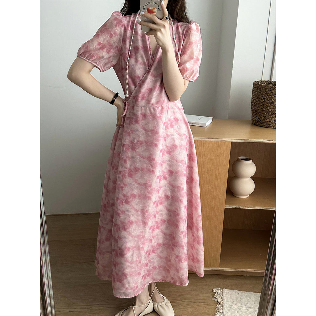 2025 popular spring V-neck floral dress women's waist one-piece dress women's spring medium and long duplex skirt 306