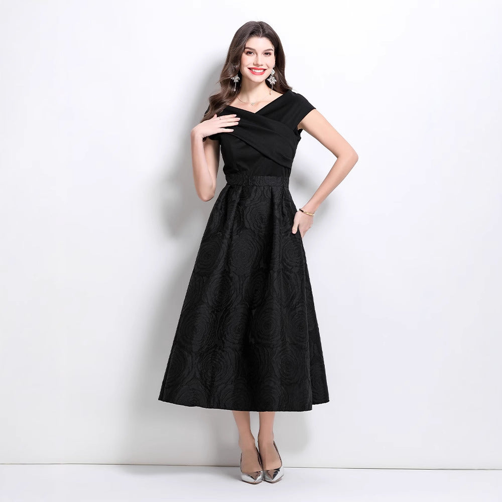 dress women's  new skirt one-word shoulder splicing waist jacquard pendulum puffy dress