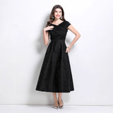 dress women's  new skirt one-word shoulder splicing waist jacquard pendulum puffy dress