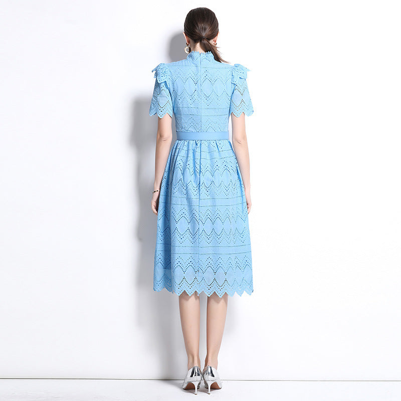 retro niche stand-up collar ruffle edge splicing waist hollow embroidery short-sleeved dress women's summer
