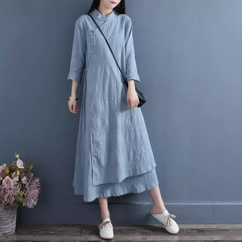 Chinese style buckle improved cotton and linen dress  spring and autumn double-layer Chinese zen tea clothes literary and retro women's clothing