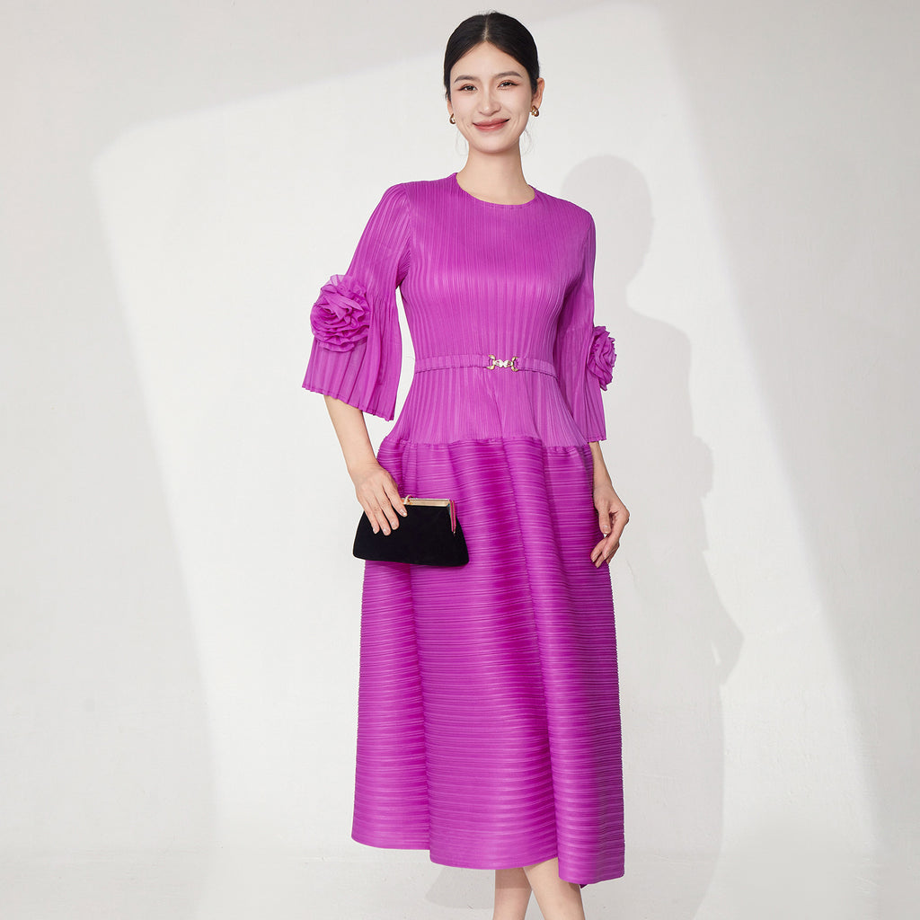 2025 dress women's summer high sense dignified intellectual cover belly thin large size horn sleeve temperament medium and long skirt