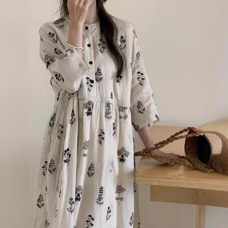 summer new gentle wind dress women's loose and thin temperament literary retro floral medium and long women's dress
