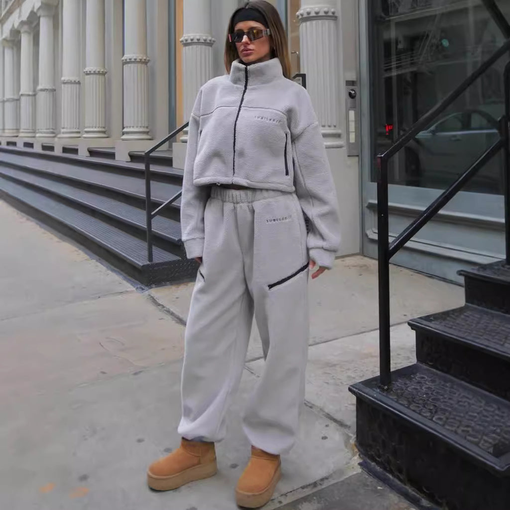 GOOSUDU New autumn and winter women's casual sweater set, 2025 plush zipper top and trousers two-piece set