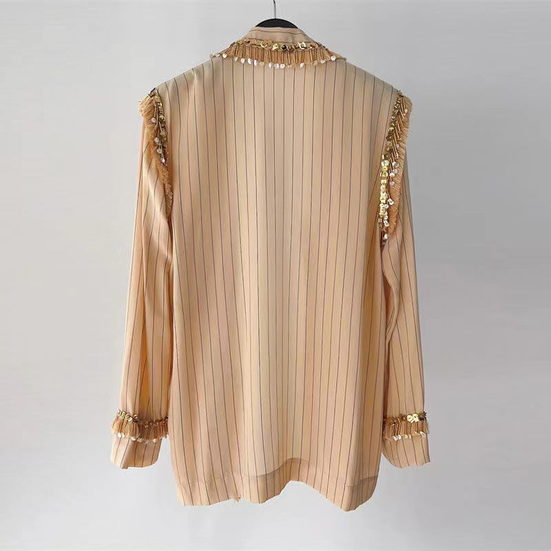 2025 Heavy Industry popular early autumn new handmade beaded sequins imitation silk shirt jacket cardigan top women