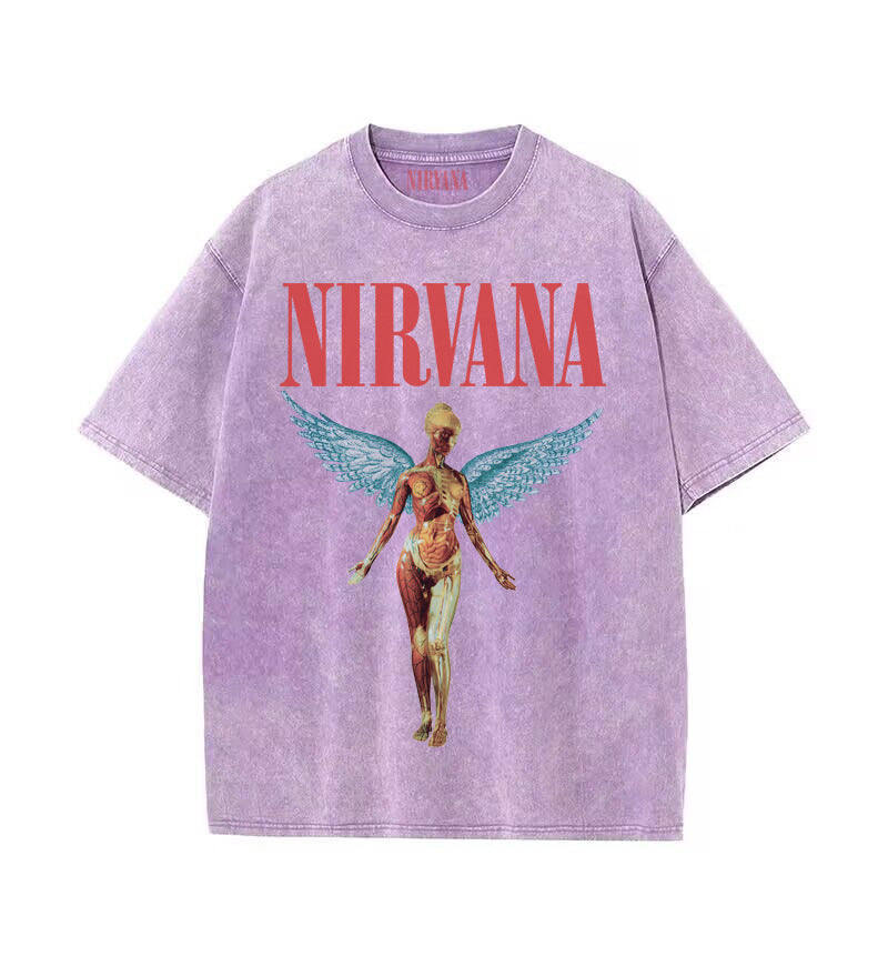 GOOSUDU Nirvana Band Rock Nirvana Cobain Cococoben Worn Looking Washed-out Vintage Batik Loose T-shirt