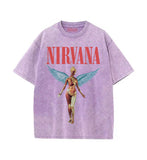 GOOSUDU Nirvana Band Rock Nirvana Cobain Cococoben Worn Looking Washed-out Vintage Batik Loose T-shirt