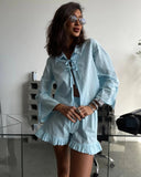 spring and summer new women's clothing solid color lapel long-sleeved lace-up wooden ear edge short women's pants comfortable and casual suit