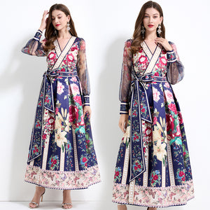 court style temperament retro V-neck mesh lantern sleeve strap waist design big pendulum printed dress