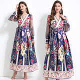 court style temperament retro V-neck mesh lantern sleeve strap waist design big pendulum printed dress
