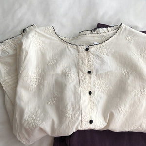 Hook lace round neck literary retro long-sleeved shirt buckle design thin versatile thin embroidered shirt women