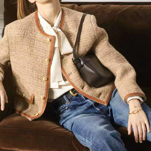 2025 Wool tweed retro Xiaoxiangfeng jacket women's clothing  spring and autumn new round neck fashion short top