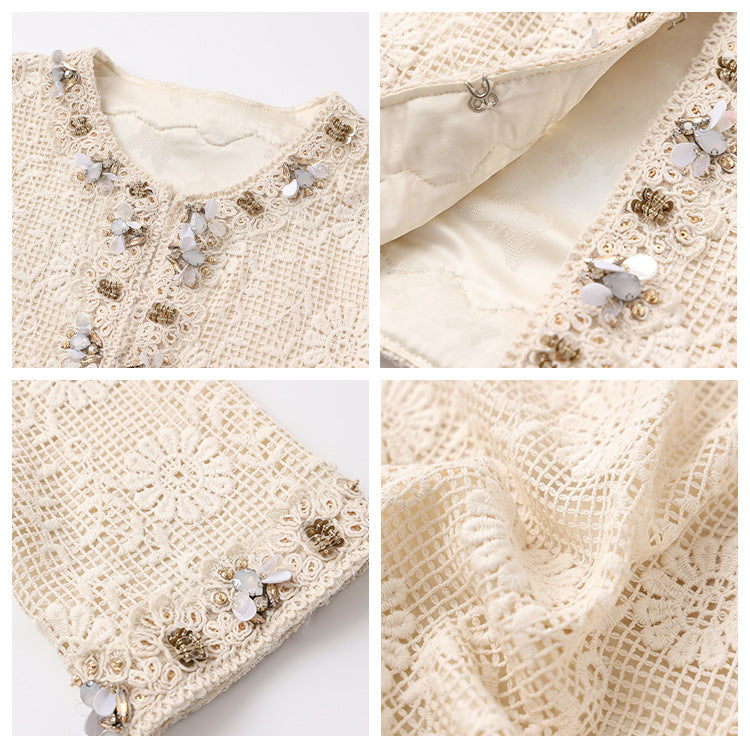 Spring 2025 new high-end design sense daughter gold versatile Popular style heavy industry bead lace jacket N2043