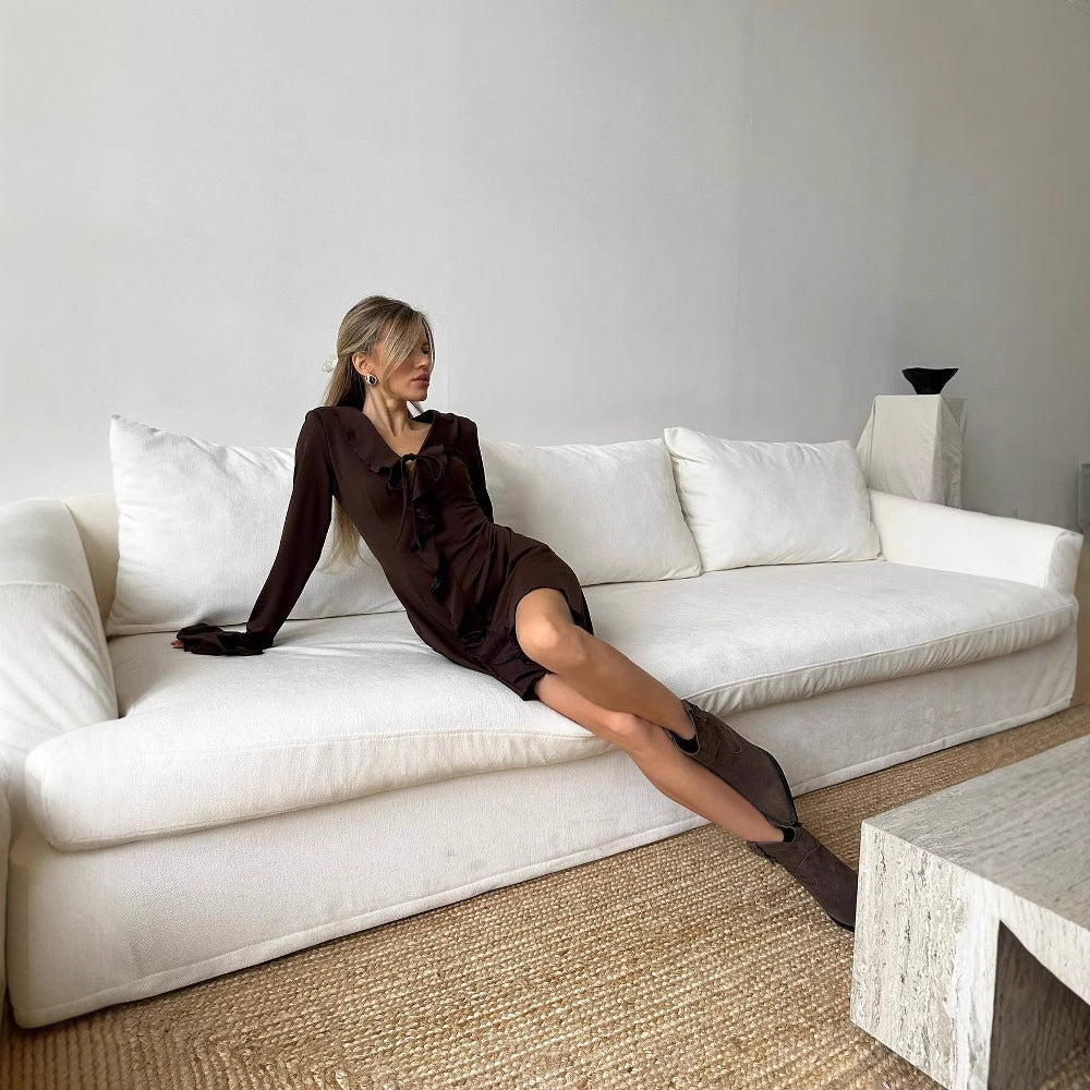 women's clothing  new summer  INS Spice Girls sexy slim ruffle edge long-sleeved strap dress