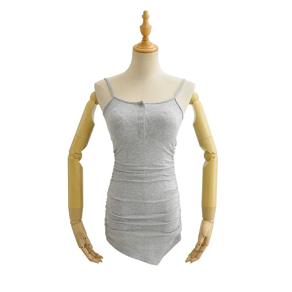 New Summer New Pure Desire Style Hot Girl Chest Pad Half-Open Buckle Suspender Skirt Women's Pleated Stretch Slim-Fit Sheath Skirt