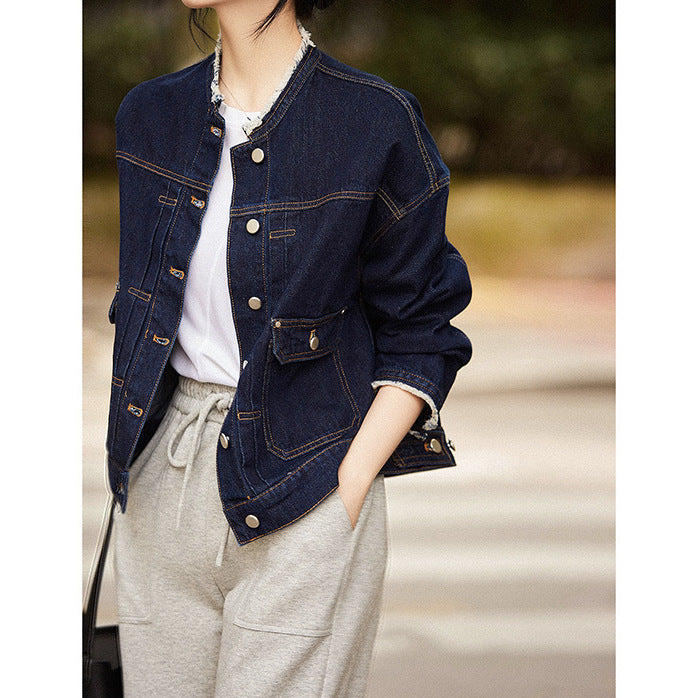 2025 Textured washed denim shirt, design hair beard edge short jacket  spring and autumn women's clothing, cotton denim