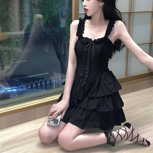 Strap Dress Women's Summer Pure Desire Sexy Ruffles Elegant High Sense Cake Short Skirt Black Dress
