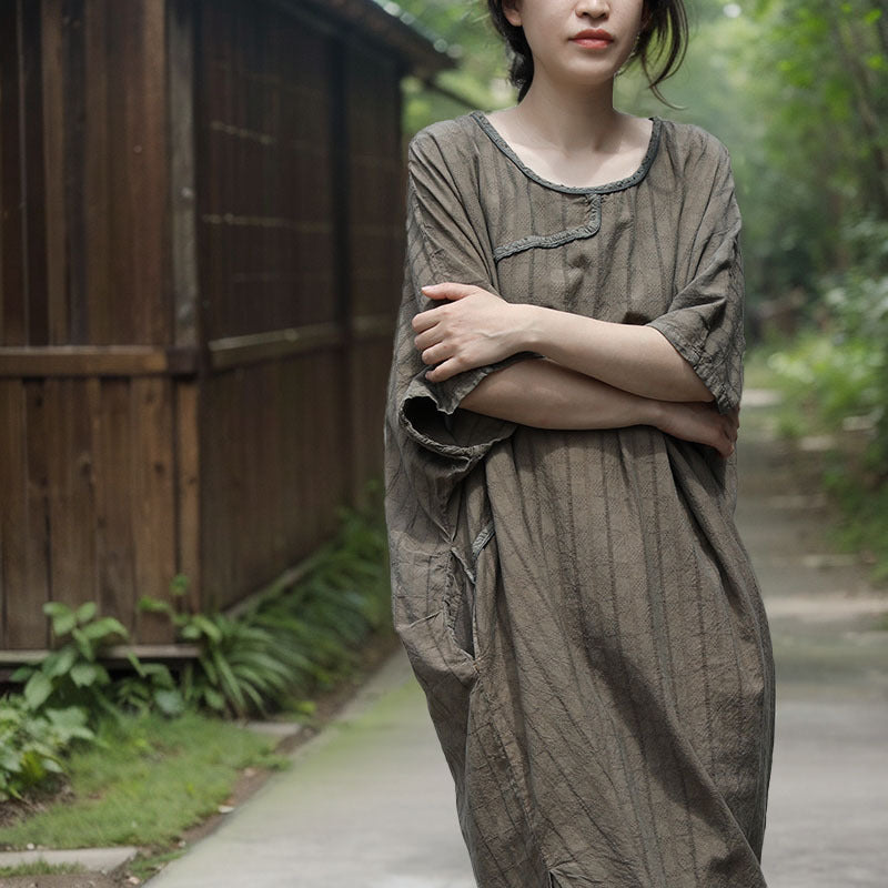 Shan Qian Nianyi, summer new Chinese-style simple Zen robe literary retro ramie jacquard plaid dress
